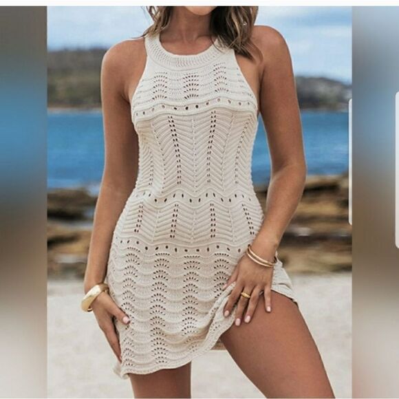 Women Mock Neck Crochet Bodycon Cover-Up Dress Small pre-owned - Picture 3 of 10